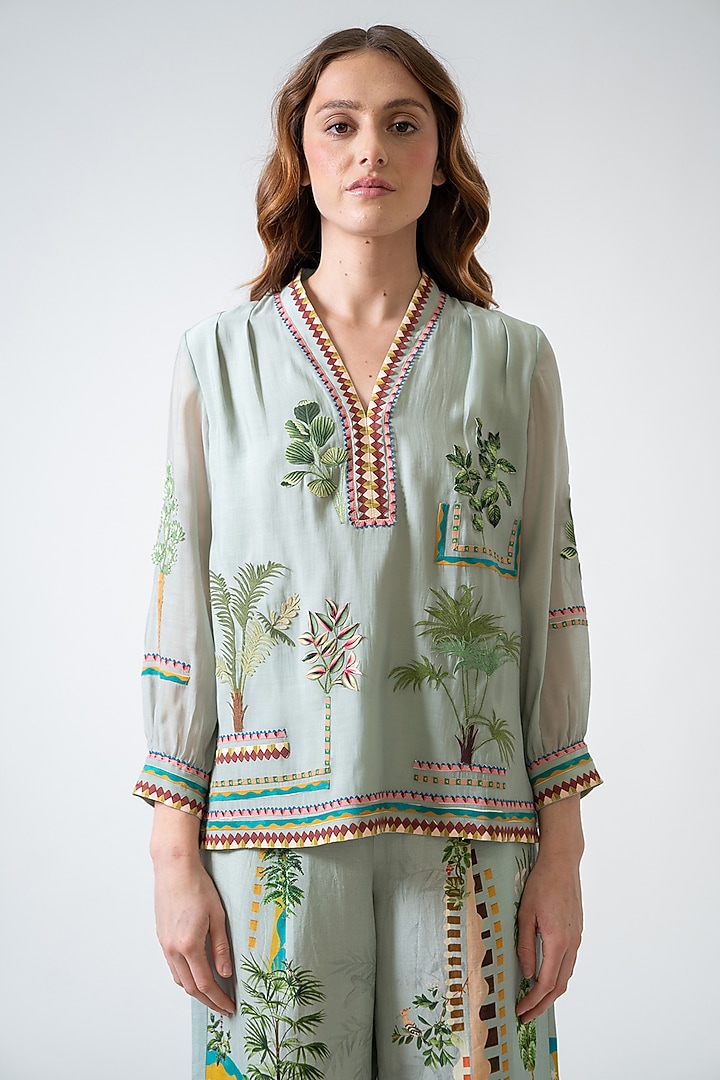 Green Cotton Silk Printed & Embroidered Top by Ranna Gill at Pernia's Pop Up Shop
