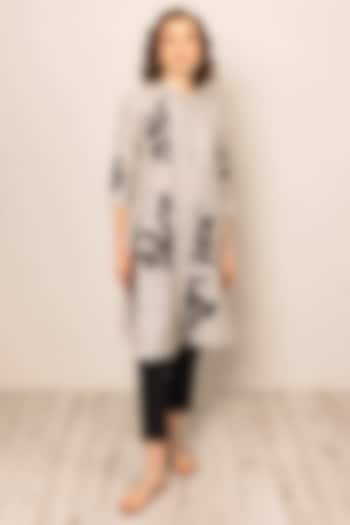 Grey Linen Stripe Fabric Floral Embroidered Tunic by Ranna Gill at Pernia's Pop Up Shop