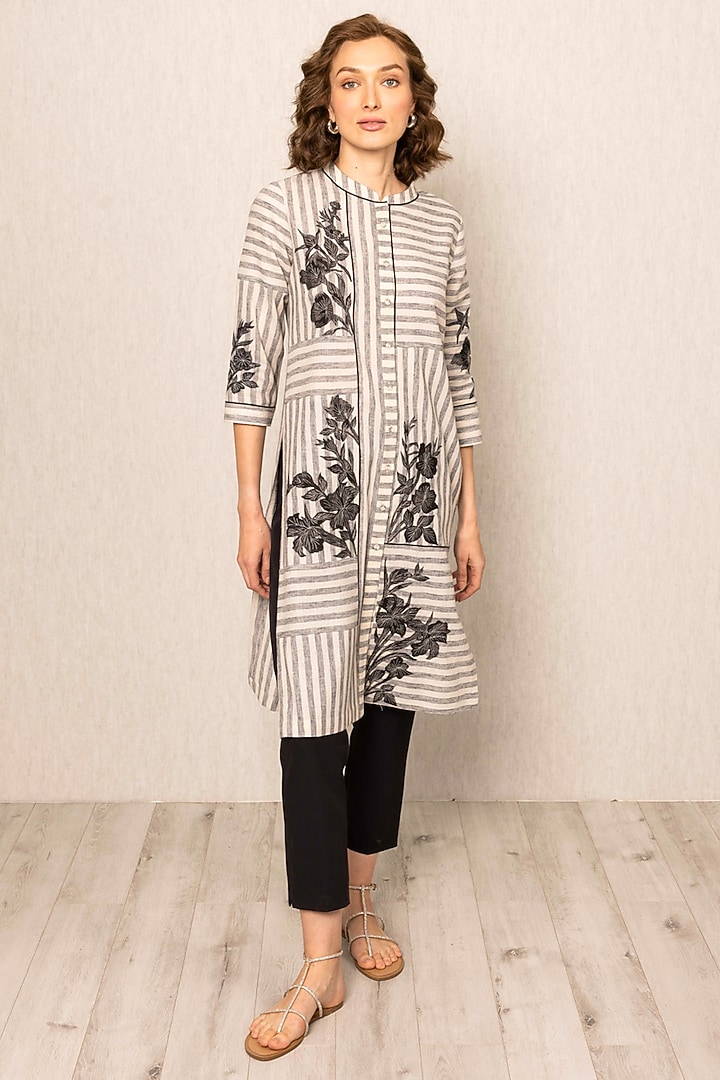 Grey Linen Stripe Fabric Floral Embroidered Tunic by Ranna Gill at Pernia's Pop Up Shop