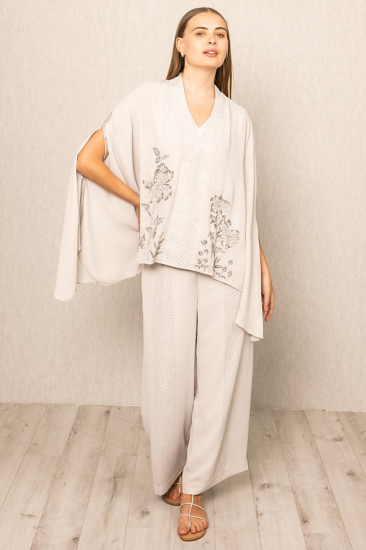 Muted Grey Royal Georgette Thread Embroidered Co-Ord Set by Ranna Gill at Pernia's Pop Up Shop