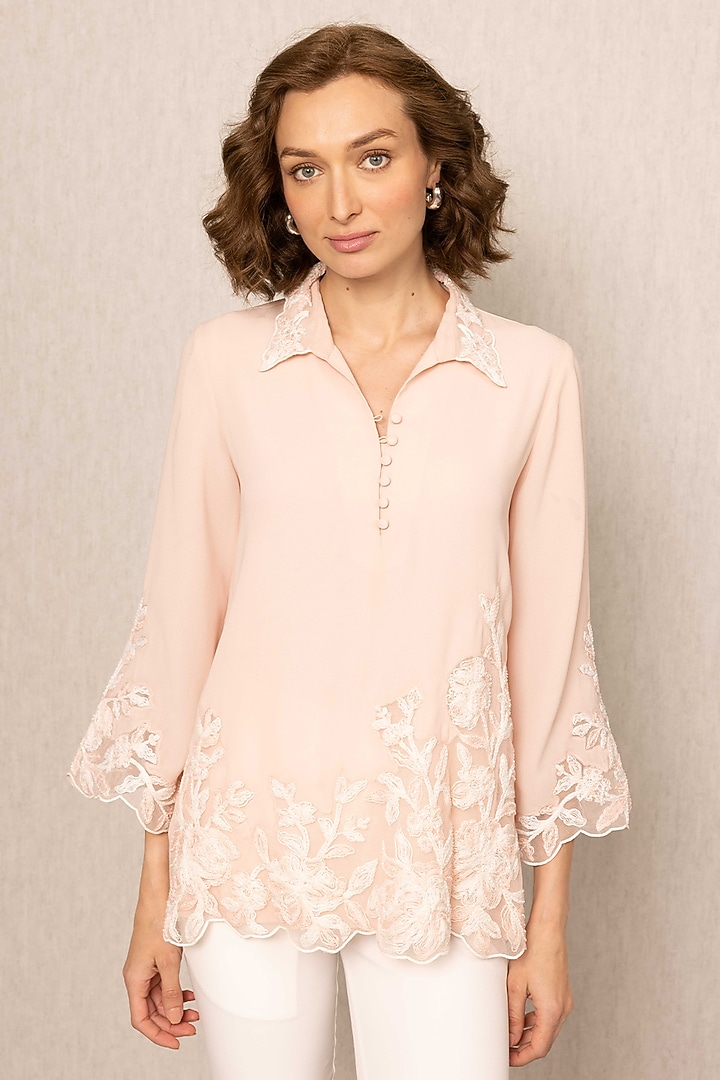 Pink Crepe Blend Thread Work Top by Ranna Gill at Pernia's Pop Up Shop