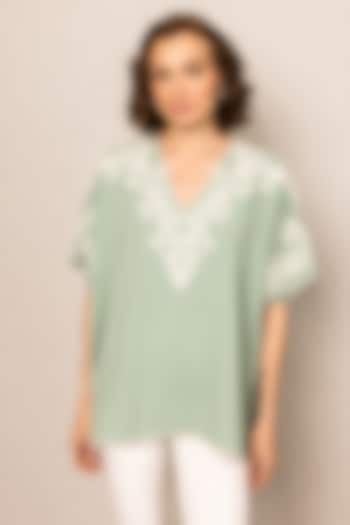 Sage Green Crinkle Fabric Thread Embroidered Blouse by Ranna Gill at Pernia's Pop Up Shop
