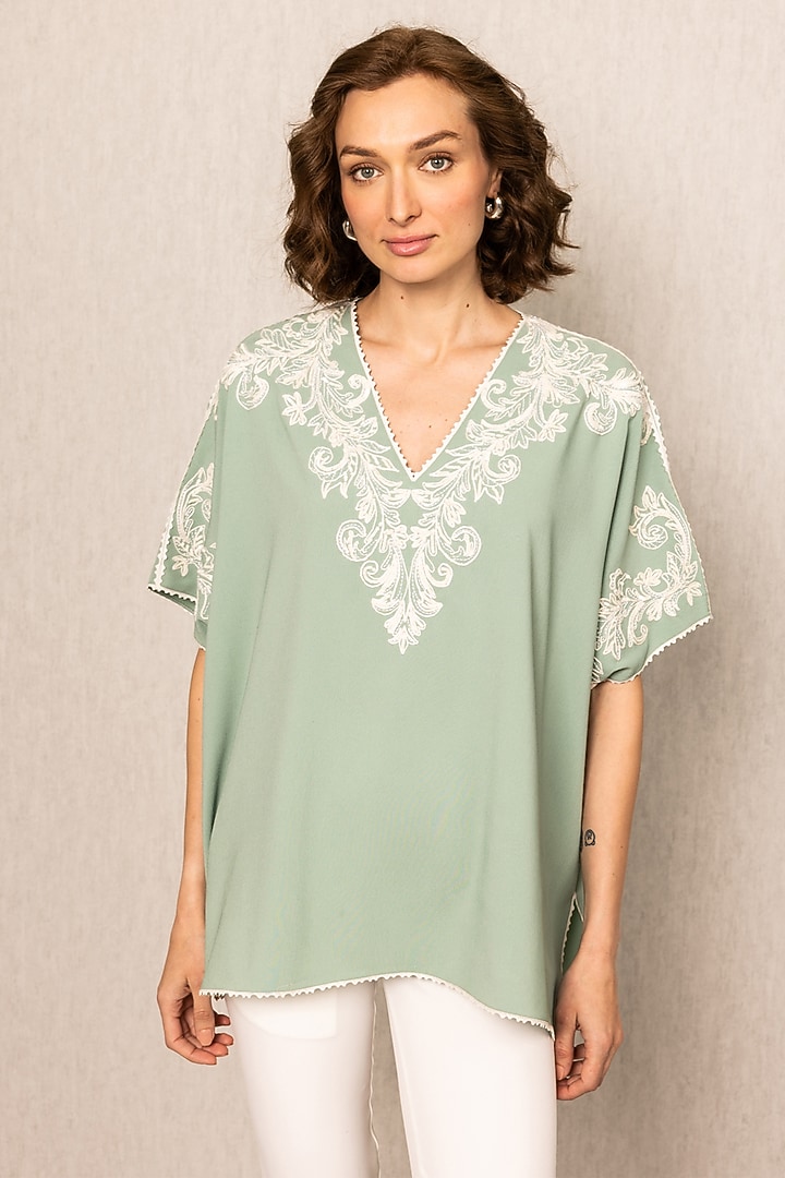 Sage Green Crinkle Fabric Thread Embroidered Blouse by Ranna Gill at Pernia's Pop Up Shop