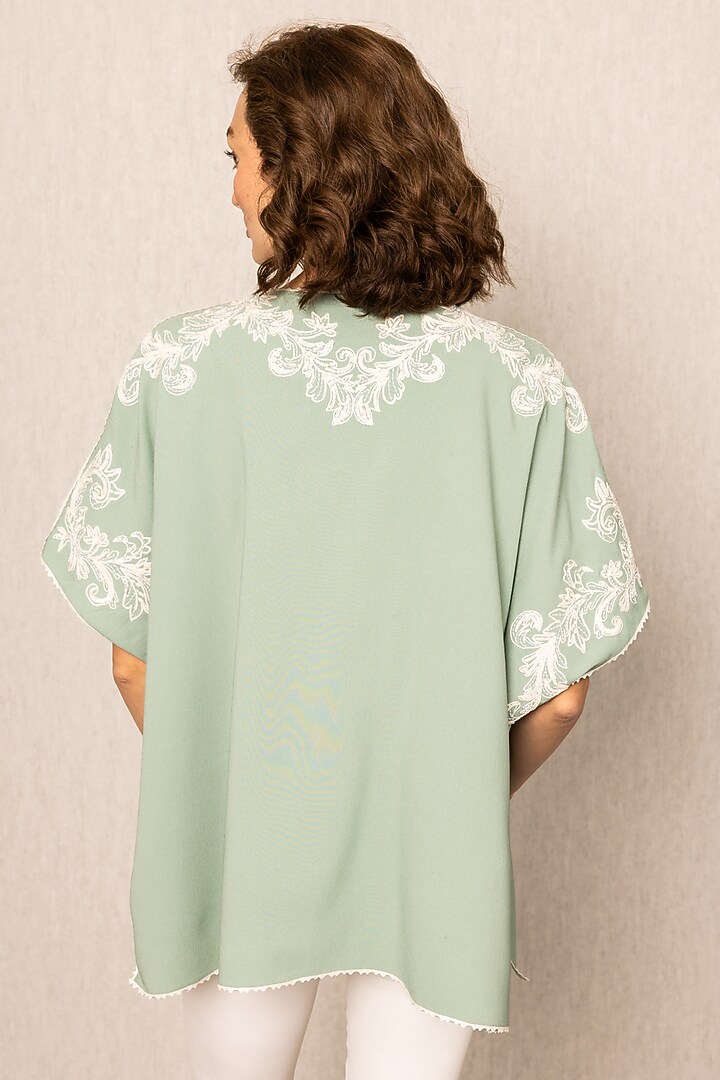 Sage Green Crinkle Fabric Thread Embroidered Blouse by Ranna Gill at Pernia's Pop Up Shop