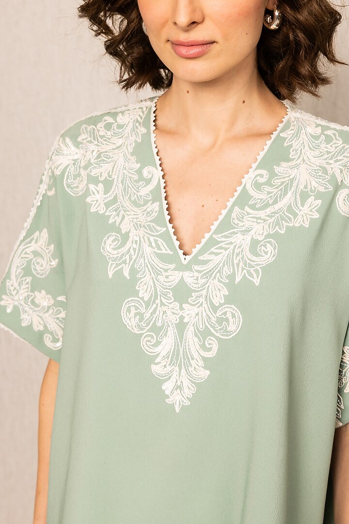 Sage Green Crinkle Fabric Thread Embroidered Blouse by Ranna Gill at Pernia's Pop Up Shop