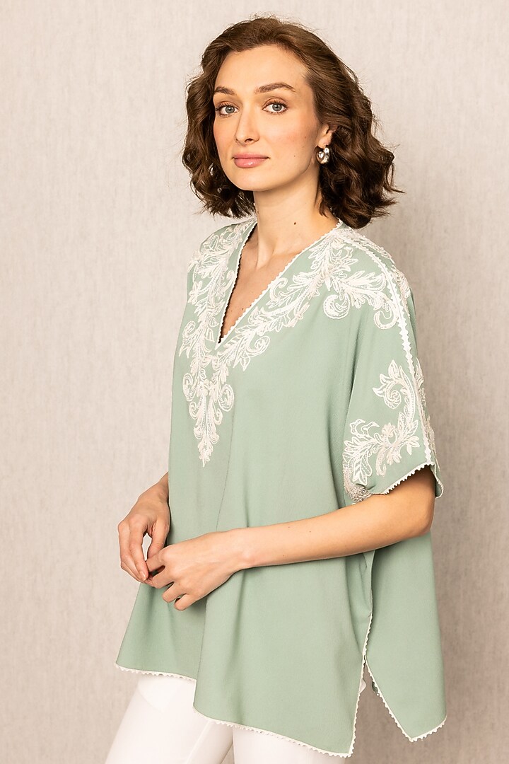 Sage Green Crinkle Fabric Thread Embroidered Blouse by Ranna Gill at Pernia's Pop Up Shop