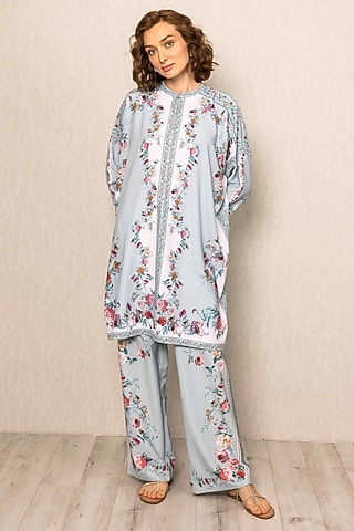 Sky Blue China Crinkle Fabric Printed Tunic by Ranna Gill