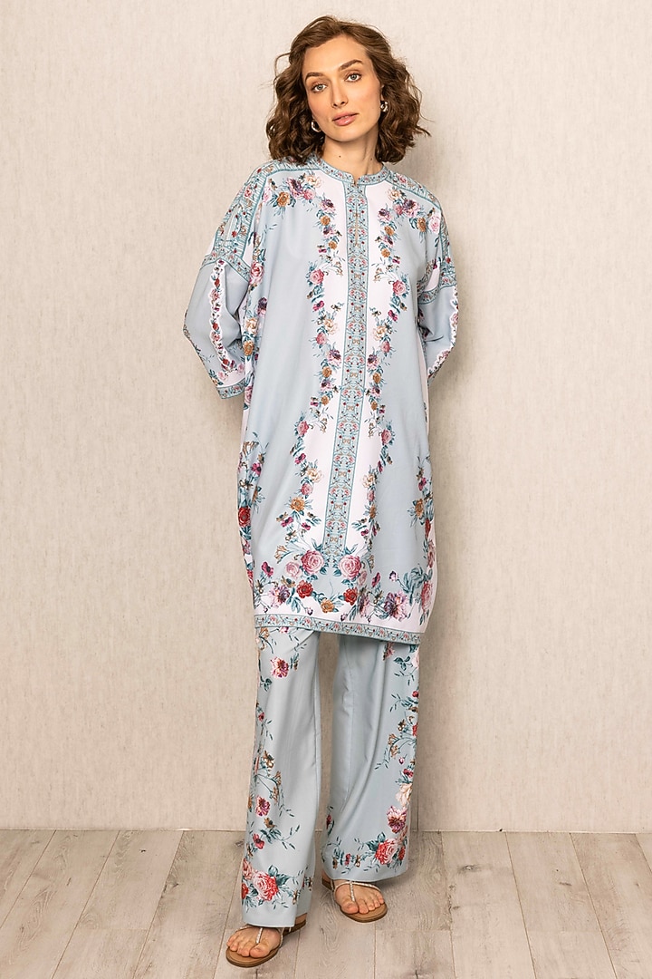 Sky Blue China Crinkle Fabric Printed Tunic by Ranna Gill at Pernia's Pop Up Shop