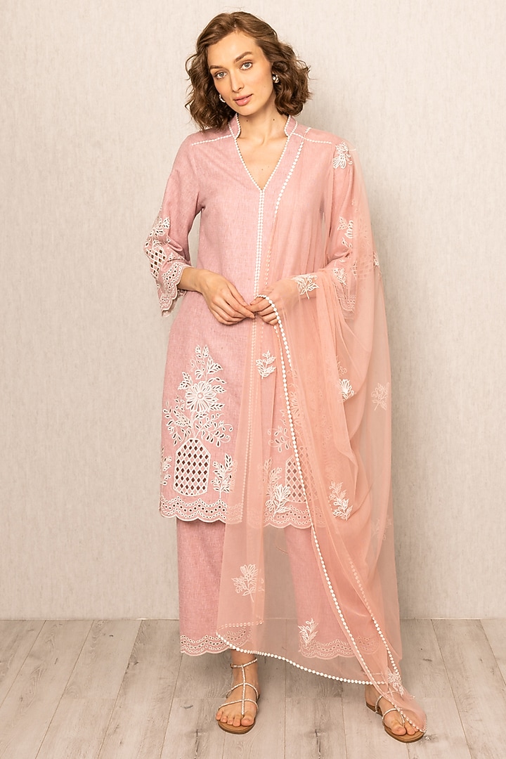 Pink Poly Flex Fabric Embroidered Tunic Set by Ranna Gill at Pernia's Pop Up Shop