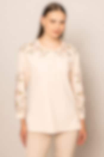 Peach Poly Crinkle Fabric Floral Embroidered Top by Ranna Gill at Pernia's Pop Up Shop