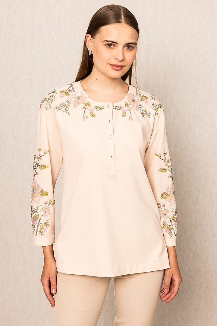 Peach Poly Crinkle Fabric Floral Embroidered Top by Ranna Gill at Pernia's Pop Up Shop