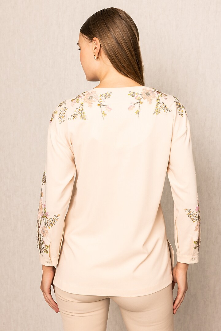 Peach Poly Crinkle Fabric Floral Embroidered Top by Ranna Gill at Pernia's Pop Up Shop