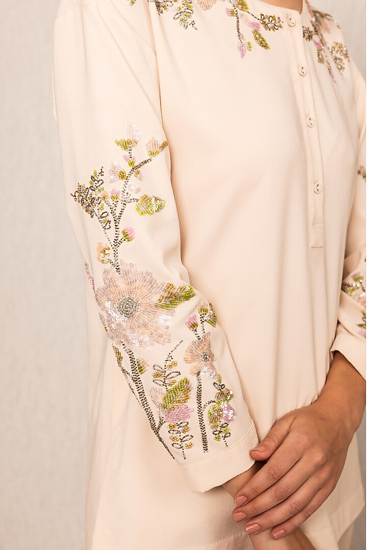 Peach Poly Crinkle Fabric Floral Embroidered Top by Ranna Gill at Pernia's Pop Up Shop