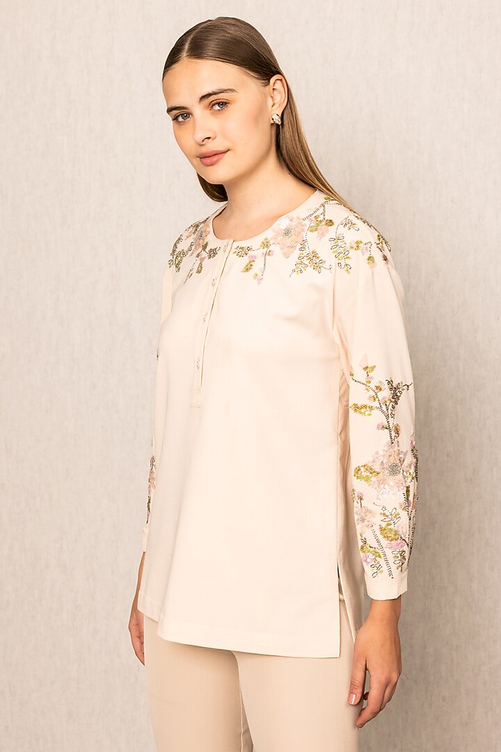 Peach Poly Crinkle Fabric Floral Embroidered Top by Ranna Gill at Pernia's Pop Up Shop
