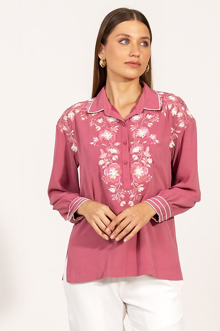 Turkish Rose Pink China Georgette Embroidered Top by Ranna Gill at Pernia's Pop Up Shop