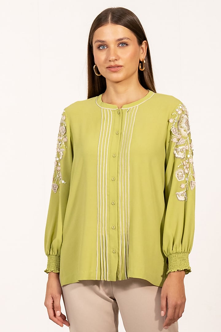 Apple Green China Georgette Embroidered Top by Ranna Gill at Pernia's Pop Up Shop