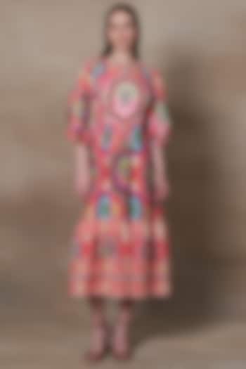 Multi-Colored Linen Blend Printed Midi Dress by Ranna Gill