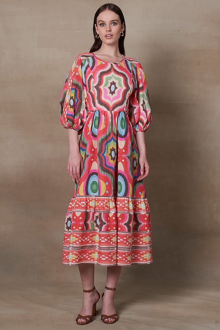 Multi-Colored Linen Blend Printed Midi Dress by Ranna Gill