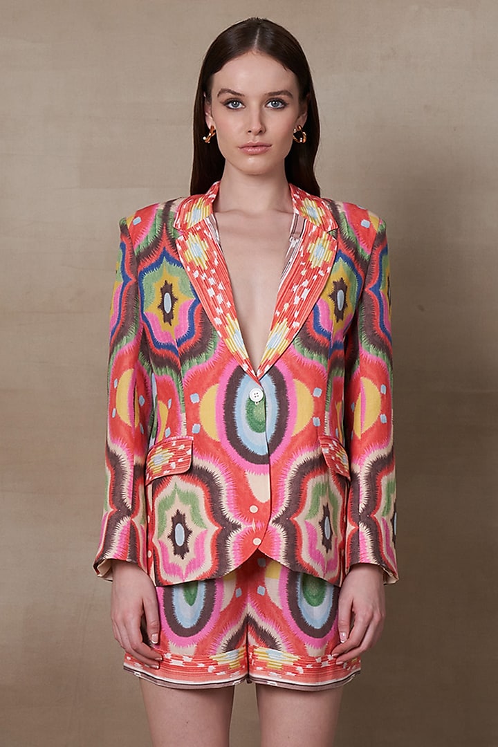 Multi-Colored Linen Blend Printed Jacket by Ranna Gill at Pernia's Pop Up Shop