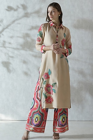 Multi-Colored Cotton Silk Embroidered Tunic by Ranna Gill