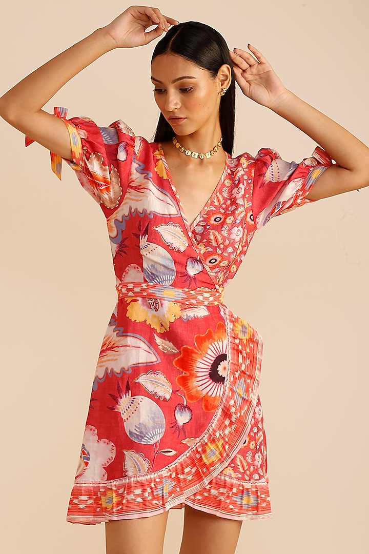 Coral Linen Satin Printed Mini Dress by Ranna Gill