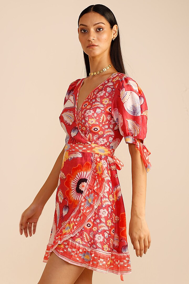 Coral Linen Satin Printed Mini Summer Dress by Ranna Gill at Pernia's Pop Up Shop