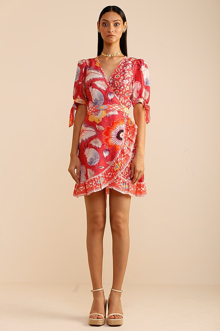 Coral Linen Satin Printed Mini Summer Dress by Ranna Gill at Pernia's Pop Up Shop