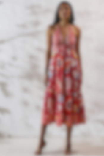Coral Linen Satin Printed Maxi Dress by Ranna Gill