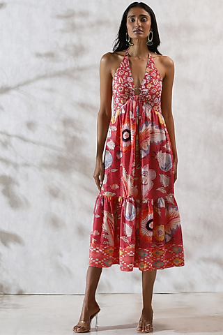 Coral Linen Satin Printed Maxi Dress by Ranna Gill