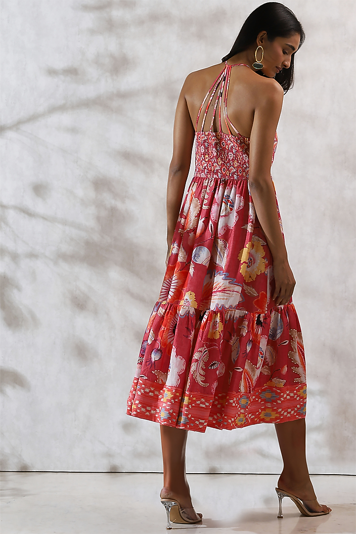Coral Linen Satin Printed Maxi Summer Dress by Ranna Gill at Pernia's Pop Up Shop