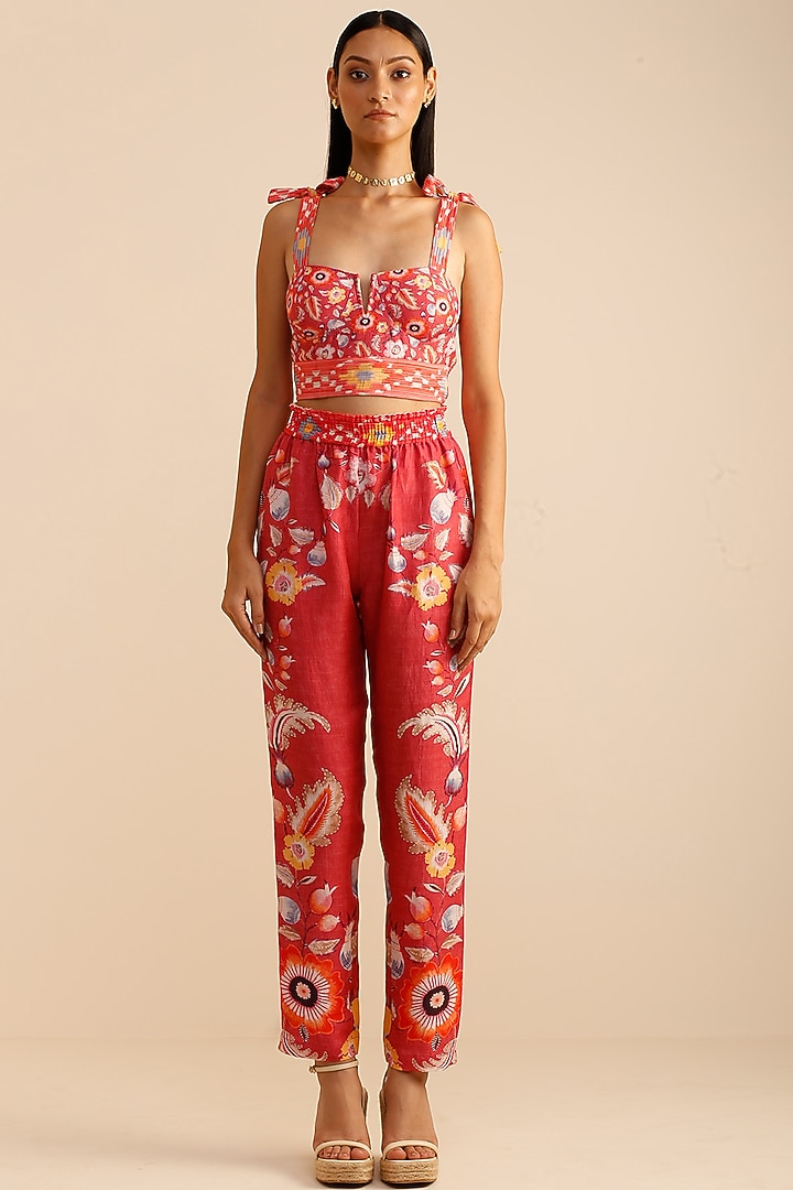 Coral Linen Satin Printed Corset Top by Ranna Gill at Pernia's Pop Up Shop