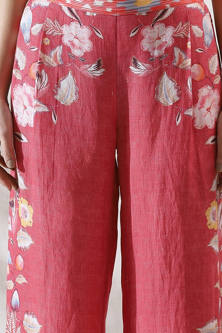 Coral Linen Satin Printed Wide-Leg Pants by Ranna Gill at Pernia's Pop Up Shop