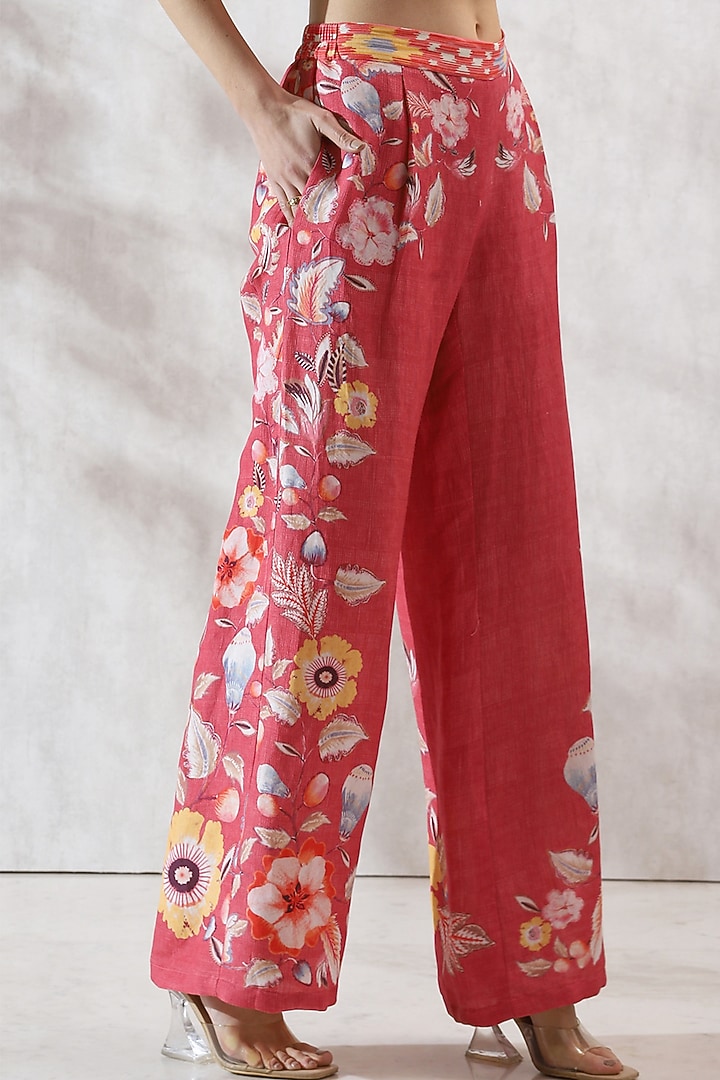 Coral Linen Satin Printed Wide-Leg Pants by Ranna Gill at Pernia's Pop Up Shop