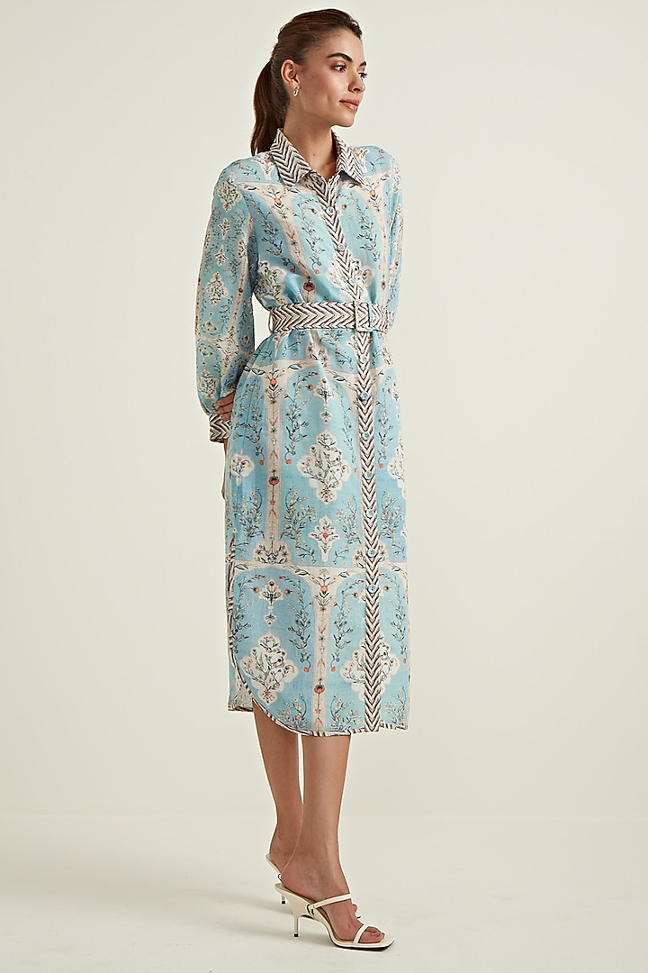 princess polly baby blue dress Reiss Floral Print Gathered Cut Out Shirt Dress in Blue main image 0