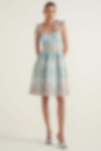 Blue Linen Viscose Printed Mini Dress by Ranna Gill