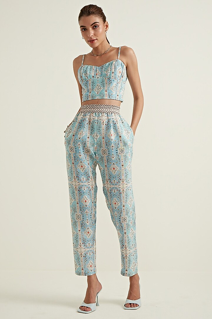 Blue Linen Viscose Printed Bustier by Ranna Gill at Pernia's Pop Up Shop
