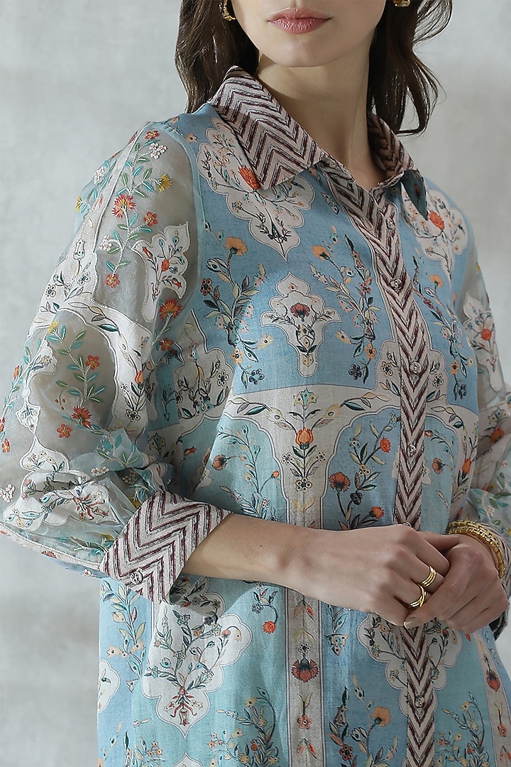 Blue Linen Viscose Embroidered Shirt by Ranna Gill at Pernia's Pop Up Shop