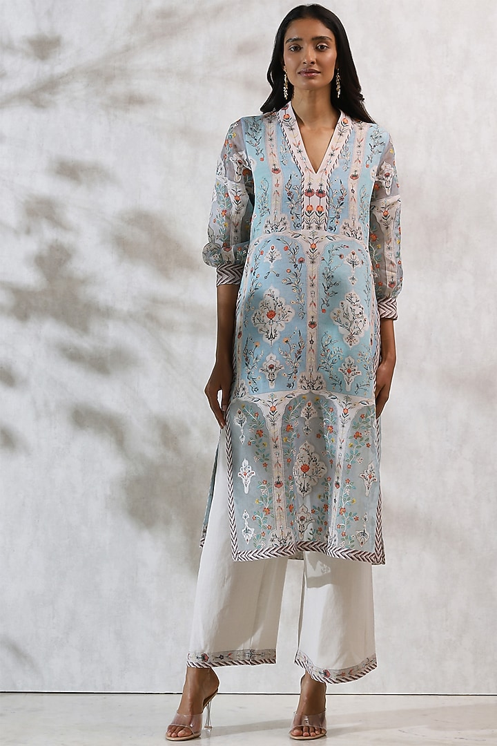 Blue Linen Blend Printed Embroidered Tunic Set by Ranna Gill at