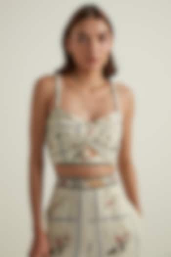 Off-White Linen Viscose Printed Bustier by Ranna Gill