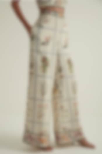 Off-White Linen Viscose Printed Wide-Leg Pants by Ranna Gill