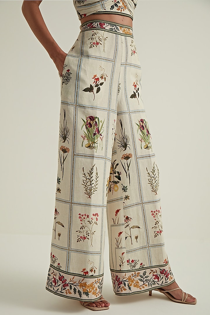 Off-White Linen Viscose Printed Wide-Leg Pants by Ranna Gill