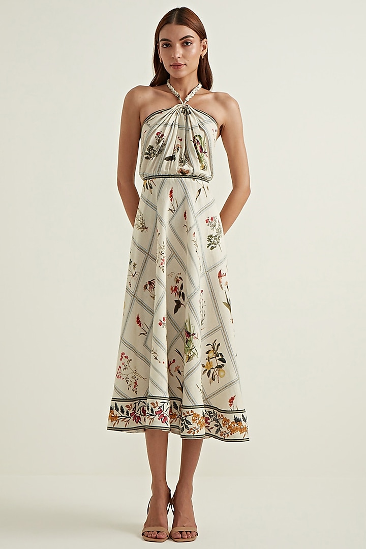 Off-White Linen Viscose Printed Midi Dress by Ranna Gill