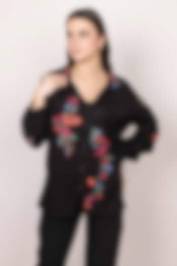 Black Textured Cotton Floral Embroidered Top by Ranna Gill at Pernia's Pop Up Shop