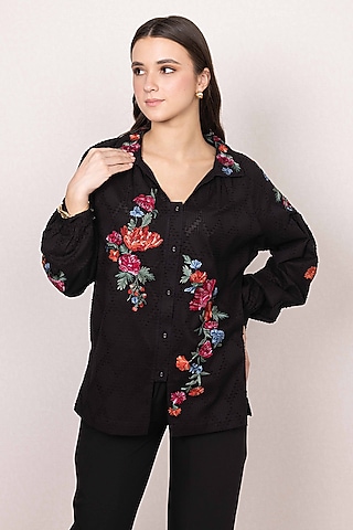 Black Textured Cotton Floral Embroidered Top by Ranna Gill
