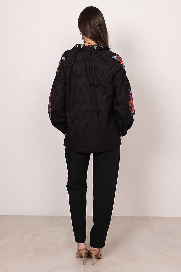 Black Textured Cotton Floral Embroidered Top by Ranna Gill at Pernia's Pop Up Shop