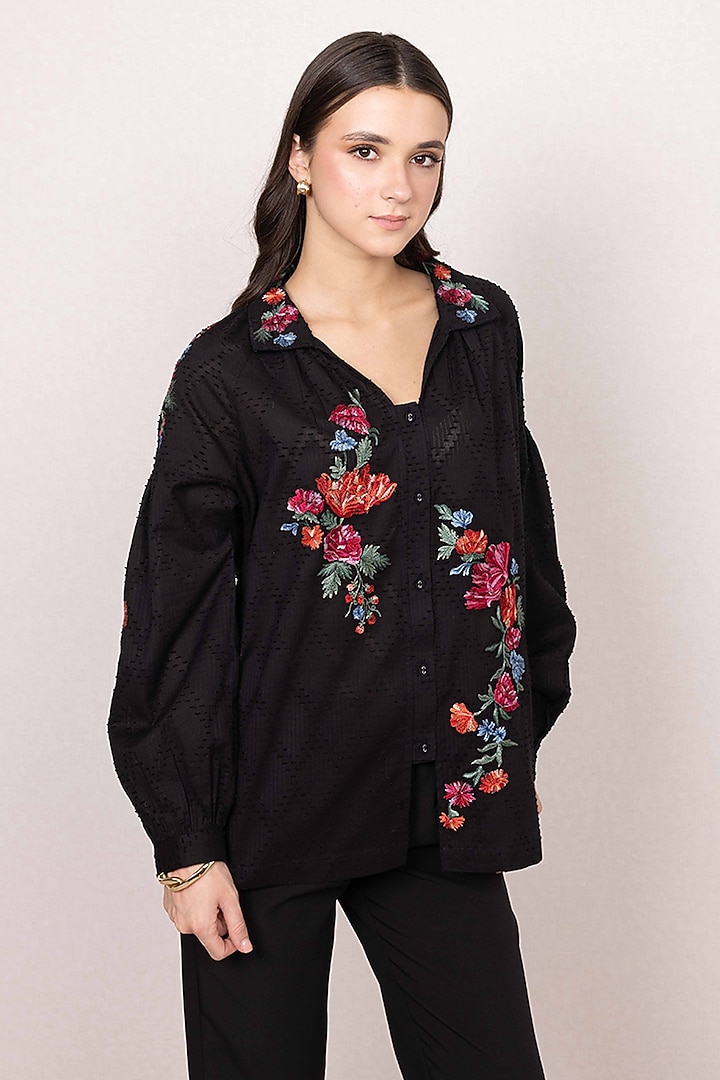 Black Textured Cotton Floral Embroidered Top by Ranna Gill at Pernia's Pop Up Shop
