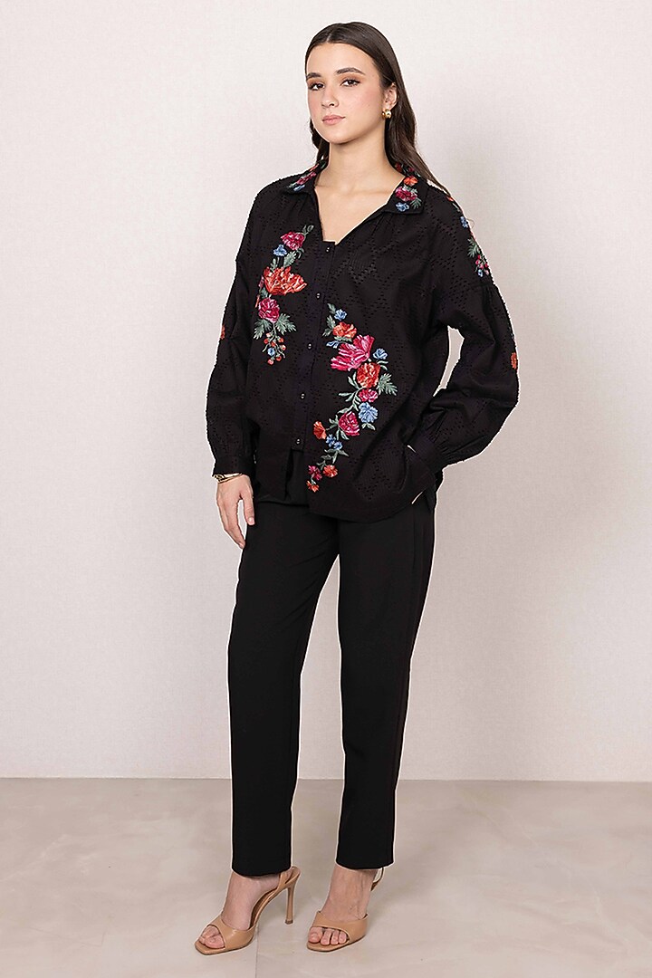 Black Textured Cotton Floral Embroidered Top by Ranna Gill at Pernia's Pop Up Shop