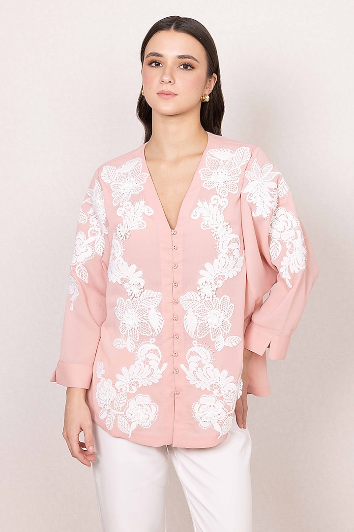 Blush Pink Crinkle Georgette Floral Embroidered Top by Ranna Gill at Pernia's Pop Up Shop