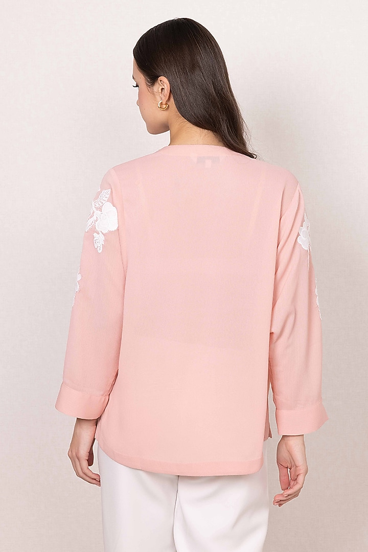 Blush Pink Crinkle Georgette Floral Embroidered Top by Ranna Gill at Pernia's Pop Up Shop