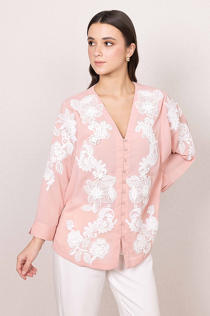 Blush Pink Crinkle Georgette Floral Embroidered Top by Ranna Gill at Pernia's Pop Up Shop